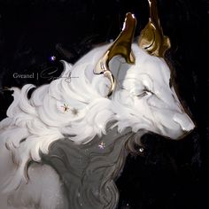 an artistic painting of a goat's head with stars on its ears and tail