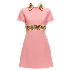 VALENTINO pink yellow multicolor beads embroidered collar belt shift dress Reference: LACG/A00409 Brand: Valentino Designer: Pierre Hardy Collection: Crepe Couture Material: Feels like wool Color: Pink, Multicolour Pattern: Solid Closure: Zip Lining: Pink Fabric Extra Details: This pink embellished mini dress has been expertly crafted in Italy from soft cotton and a fine blend of silk and virgin wool. It features a short length, short sleeves, a back zip fastening and embellished floral detailin Dress Reference, Valentino Pink, Belted Shift Dress, Valentino Designer, Embellished Mini Dress, Zip Lining, Embellished Collar, Valentino Dress, Sixties Fashion