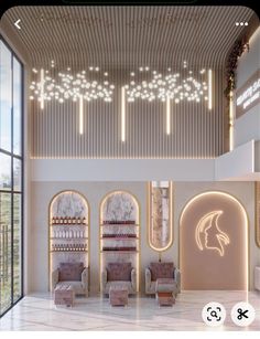 the interior of a nail salon with chairs and lights