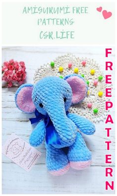 an elephant stuffed animal sitting next to a doily with the words free pattern on it