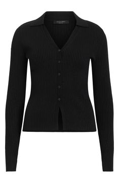 Stretchy ribbing enhances the slim, curve-defining fit of this lightweight cardigan that makes a statement when starring solo in your look. Front button closure V-neck Spread collar Long sleeves 72% viscose, 28% polyester Dry clean Imported Allsaints Casual Winter Sweater, Allsaints Long Sleeve Winter Sweater, Allsaints Long Sleeve Sweater For Fall, Fitted Ribbed V-neck Cardigan, V-neck Ribbed Cardigan For Work, Classic Ribbed V-neck Cardigan, Classic V-neck Ribbed Cardigan, Black Ribbed V-neck Cardigan, Black V-neck Ribbed Cardigan