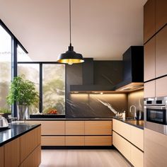 a kitchen with wooden cabinets and black counter tops