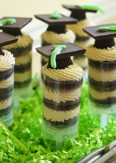 there are many cupcakes with chocolate frosting and graduation caps on them in the grass