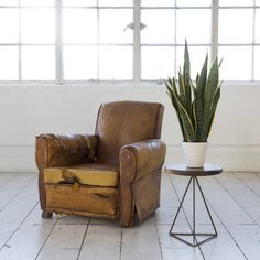 a brown leather chair sitting next to a potted plant