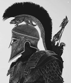 a black and white photo of a man in armor with a bird on his head