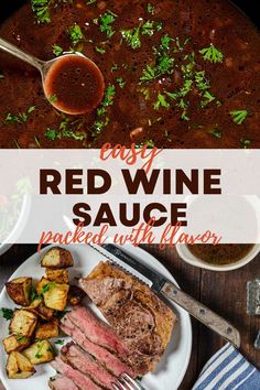 easy red wine sauce is packed with flavor and served with potatoes, carrots, and parsley