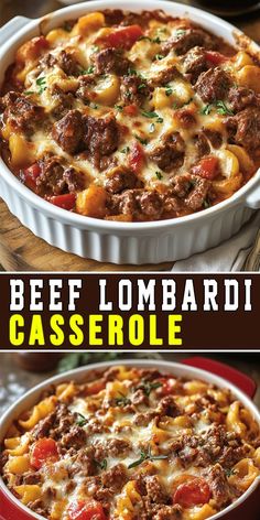 beef and cheese casserole in a red dish with the words beef lomboardi casserole above it