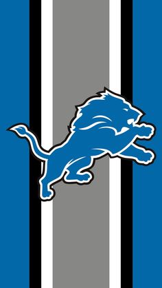 the detroit lions logo on a blue and gray striped background with white horizontal stripes in the center