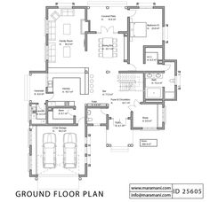 the ground plan for a house with three bedroom and two bathrooms, including a living room