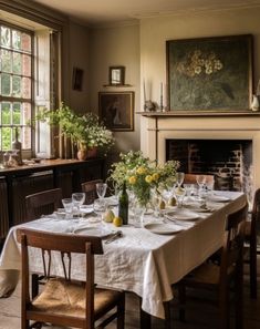 a dining room table is set with flowers and wine glasses on it, next to a fireplace