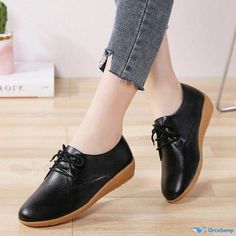 Orcajump - Genuine Leather Cowhide Bottom Shoes with Flat Design, Lace-Up Closure, Rounded Toe, Casual Slip-Resistant Soft Soles Low Heel Shoes, Flat Design, White Shoes, Low Heels, Cowhide Leather, Comfortable Shoes, Leather Shoes, Black Shoes, Shoes Flats