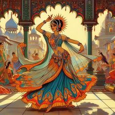 a painting of a woman dancing in front of other people