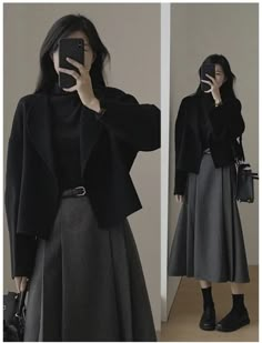 Modest Monochrome Outfits, Winter Outfits Women Skirts, Casual French Fashion, Modern Minimal Fashion, Black Sweaters For Women, French Outfit Women, Black Minimalist Fashion, Dark Academia Corporate Outfit, Style Boots Women Fashion