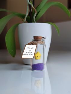 a bottle with some sand in it sitting on a table next to a potted plant