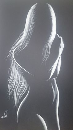 a drawing of a woman's back with her hair blowing in the wind on a black background