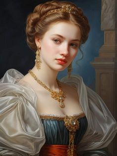 a painting of a woman wearing a tiara and dress with gold jewelry on her head