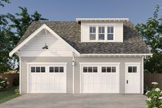 a two car garage with three windows on the top floor and one story above it