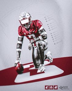 a football player kneeling down with a ball in his hand on a red and white background