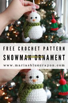 crocheted snowman ornament hanging from a christmas tree with text overlay that reads free crochet pattern