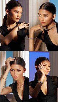 four different pictures of a woman in black dress with bracelets on her neck and hands behind her head