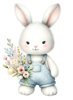 a white bunny with blue overalls holding a bouquet of flowers in it's paws