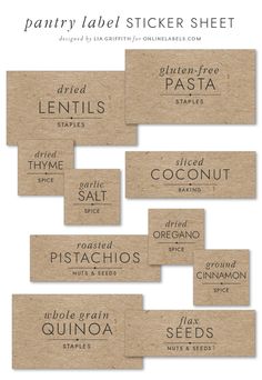 the pantry label sticker sheet is made from brown paper and has different types of labels