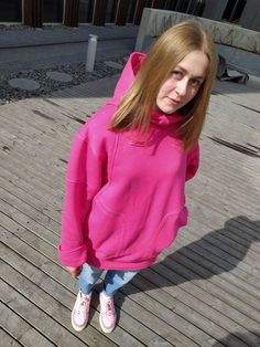 "Fuxia Pink sweatshirt hoodie. Long oversize big hood cotton hoodie for man or woman. Extra long sleeves. Perfect hoodie for travelling. Large hood keeps your head warm. Two pockets in front. HQ-Heavy duty material. Density - 280g/m2. Made in EU. FABRIC: 82 % cotton 8% polyester. Size S Length front (in/cm) 31.5/80 Length back (in/cm) 33/85 Width (in/cm) 24.4/62 Sleeve length (in/cm) 26.4/67 Size M Length front (in/cm) 33/84 Length back (in/cm) 35/89 Width (in/cm) 25.6/65 Sleeve length (in/cm) 2 Cheap Pink Crew Neck Hoodie, Luxury Pink Hoodie For Fall, Luxury Pink Casual Hoodie, Cheap Pink Sports Hoodie, Affordable Pink Oversized Outerwear, Cheap Pink Sweatshirt With Adjustable Hood, Travel Hoodie, Blue Sweatpants, Loose Hoodie