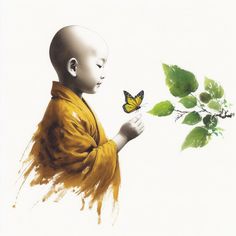 a painting of a boy holding a butterfly in his hand and looking at the flower