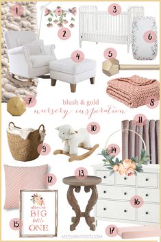 pink and gold nursery decor with white furniture