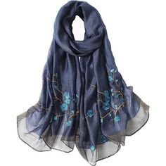 Women's Mulberry Silk Embroidered Floral Scarf Blue Acrylic, Mulberry Silk Dry Clean Only Materialmade Of 30% Silk And 70% Acrylic. High Quality, Close To Skin And Breathable, Soft And Smooth As Satin, Healthy And Eco-Friendly Without Pollution Or Peculiar Smell. Size Up75* 28 Inches(190x170cm), Extra Long And Large Scarves In Current Markets. The Perfect Length For Wear Can Protect Your Skin Against Sun Exposure With Our Scarves. Can Be Worn Long, Infinity, Hijab, Knotted ,Twisted, Wrapped Or D Blue Cotton Fabric With Floral Embroidery, Elegant Blue Embroidered Fabric With Floral Details, Elegant Blue Floral Embroidered Fabric, Cooling Scarf, Elegant Scarves, Reversible Scarf, Colorful Scarf, Large Scarf, Striped Scarves