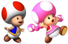 two cartoon characters are playing with each other in the same direction, one is wearing a pink mushroom hat and the other has a blue shirt