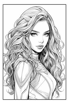 the avengers girl coloring page is shown in black and white, with her hair blowing back