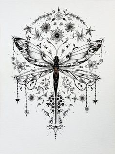 a black and white drawing of a dragonfly with flowers on it's wings