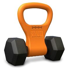 an orange and black pair of dumbbells with two black hex weights on each side