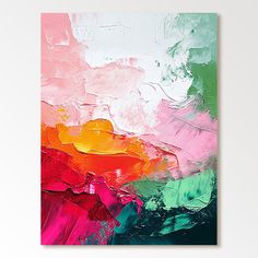 an abstract painting with pink, green and yellow colors