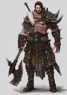 an image of a man in armor holding two large axes and a horned head with horns