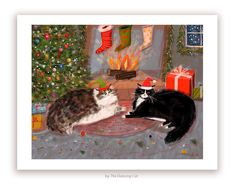 two cats sitting next to each other in front of a christmas tree with presents on it