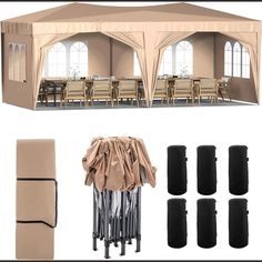 a large tent set up with chairs and tables in front of the walls, along with other accessories