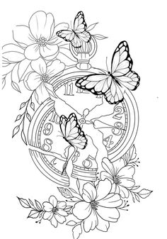 a clock surrounded by flowers and butterflies