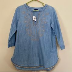 J. Jill Denim Very Soft Embroidered Pattern Half Sleeve Blouse Size Xs New With Tags Blue And Yellow Ships From A Smoke Free Home Casual Embroidered Denim Blouse, Embroidered Blue Denim Blouse, Blue Denim Embroidered Blouse, Blue Embroidered Denim Blouse, Embroidered Medium Wash Tops With Relaxed Fit, Embroidered Medium Wash Top With Relaxed Fit, Embroidered Relaxed Fit Top, Embroidered Relaxed Fit Medium Wash Top, Relaxed Fit Embroidered Medium Wash Tops