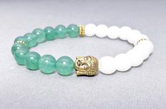 Gold Buddha Bracelet| White Jade Green Aventurine and Gold Gemstone Bracelet| Stretch Beaded Bracelet| Gold Buddha White Jade Green Aventurine Beaded Bracelet| Symbolic and Spiritual Bracelet| Etsy White Jade Bracelets For Meditation, White Jade Spiritual Bracelets, White Spiritual Jade Bracelets, Spiritual White Jade Bracelets, White Gemstone Beaded Bracelets For Meditation, White Jade Bracelet, Aventurine Meaning, Buddha Bracelet Beads, Gold Buddha