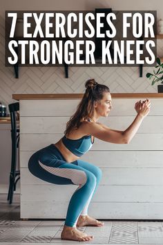 a woman doing yoga poses with the words 7 exercises for strong knees