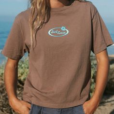 Our most aloha packed tee. Vintage boxy surf t-shirt fit. Washed for extra softness. Retro women's surf clothing. Surf Illustration, Surf Clothing, Surf Tee, Surf Tshirt, Vintage Surf, Brown Shirt, Surf Outfit, Retro Tee, Boxy Tee