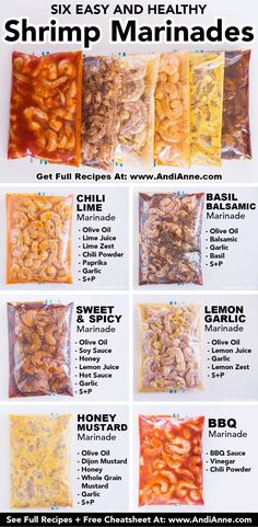 six easy and healthy shrimp marinades in bags with instructions for how to cook them