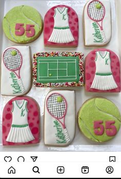 decorated cookies in the shape of tennis related items