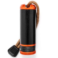 an orange and black object with a rope attached to it's end, on a white background