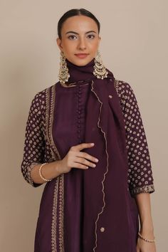 Purple short kurta with dori, cutdana and sequins embroidery in floral butta pattern. Paired with an embroidered hem pant and scallop hem dupatta. - Aza Fashions Designer Wear Blouse Piece For Eid, Traditional Drape Kurta With Mirror Work In Chinon, Traditional Draped Kurta With Mirror Work, Traditional Drape Chinon Kurta With Mirror Work, Designer Wear Straight Kurta Blouse Piece For Diwali, Cotton Silk Kurta With Mirror Work For Reception, Festive Chanderi Blouse Piece With Dabka Work, Eid Cotton Silk Blouse With Gota Work, Bollywood Style Straight Kurta Blouse Piece For Designer Wear