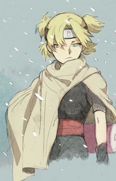 an anime character is standing in the snow with his scarf around his neck and eyes closed