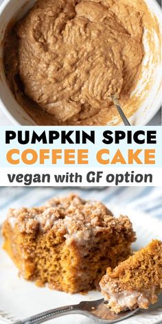 pumpkin spice coffee cake on a white plate with a fork and cupcake in the background