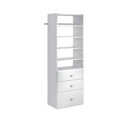 a tall white bookcase with drawers on the front and bottom shelves, against a white background